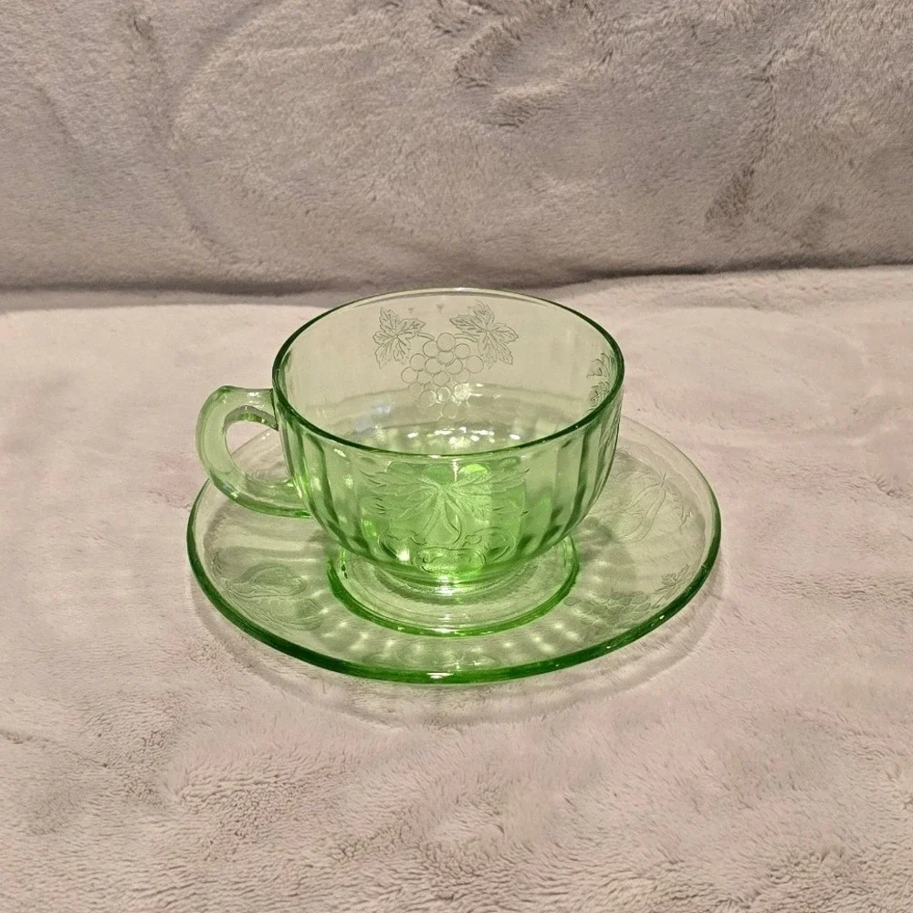 Vintage Hazel Atlas Green Uranium Glass Fruit Pattern Tea Cup and Saucer Set